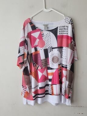 Multiples Pink Coral Geometric Short Sleeve Top. New Without Tag